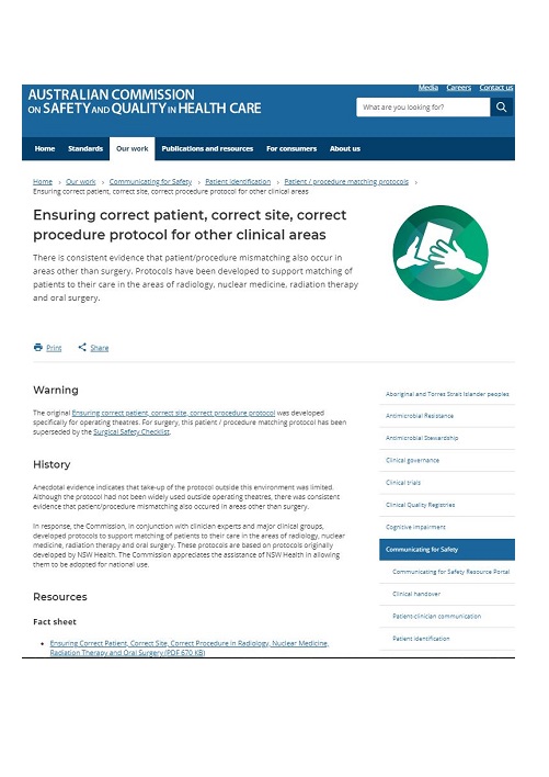 Correct Patient, Correct Site, Correct Procedure protocols and factsheets