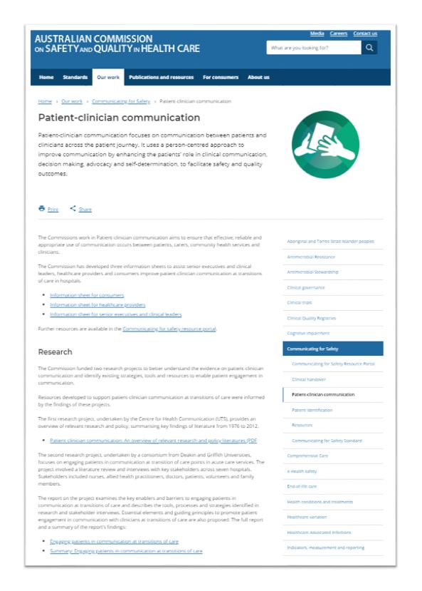 Commission web page on patient-clinician communication 