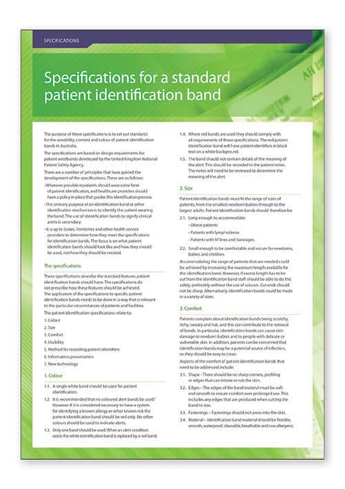 Specifications for a standard patient identification band