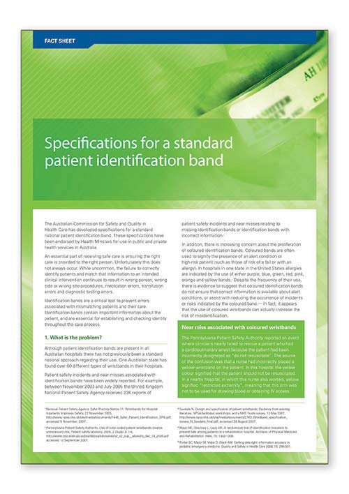 Fact sheet – specifications for a standard patient identification band